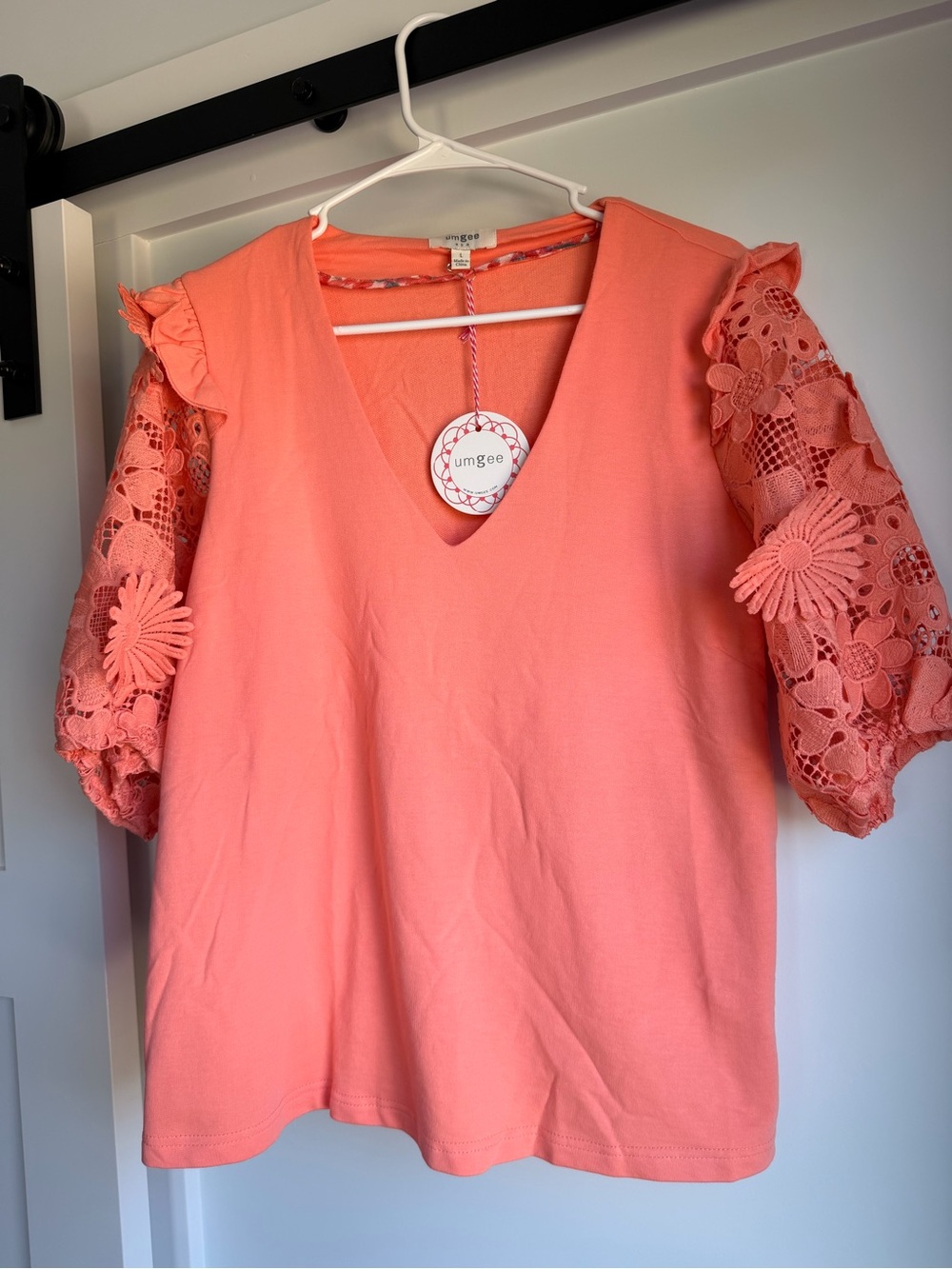 Umgee Coral V-Neck Top with Lace Puff Sleeves